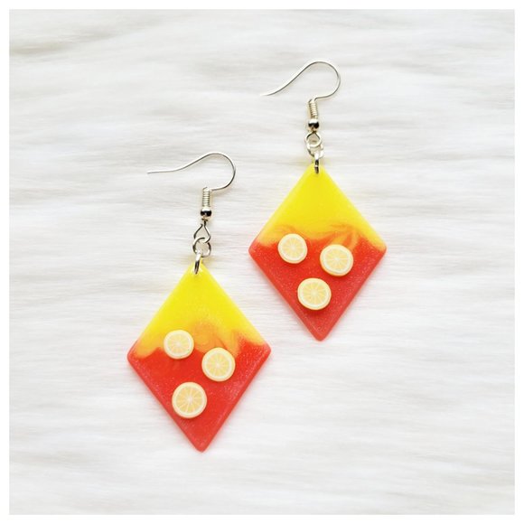 Strawberry Lemonade Earrings Yellow and Pinkish Red Lemon Dangle Earrings - Picture 10 of 10